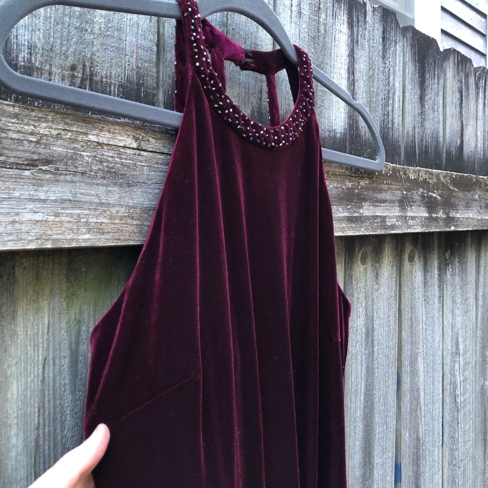 Vintage Reggio Maroon Velvet Maxi Dress Halter Beaded Strappy Wine Red - Picture 15 of 15